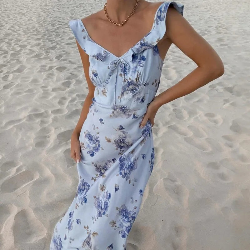 Summer Floral Low-Cut Backless Dress