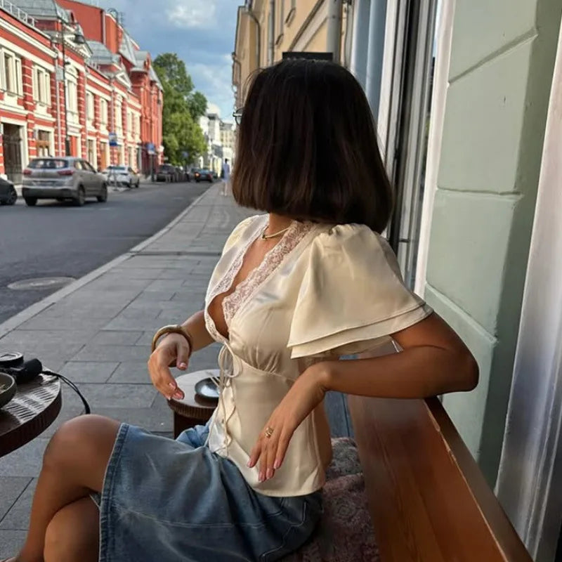 Elegant V-Neck Satin Lace Blouse