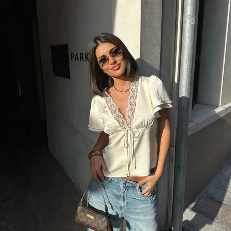 Elegant V-Neck Satin Lace Blouse