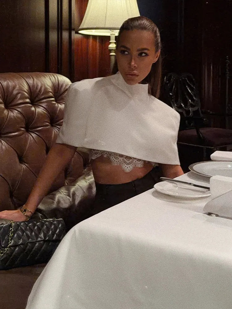 Elegant High-Neck Shawl-Shoulder Crop Top