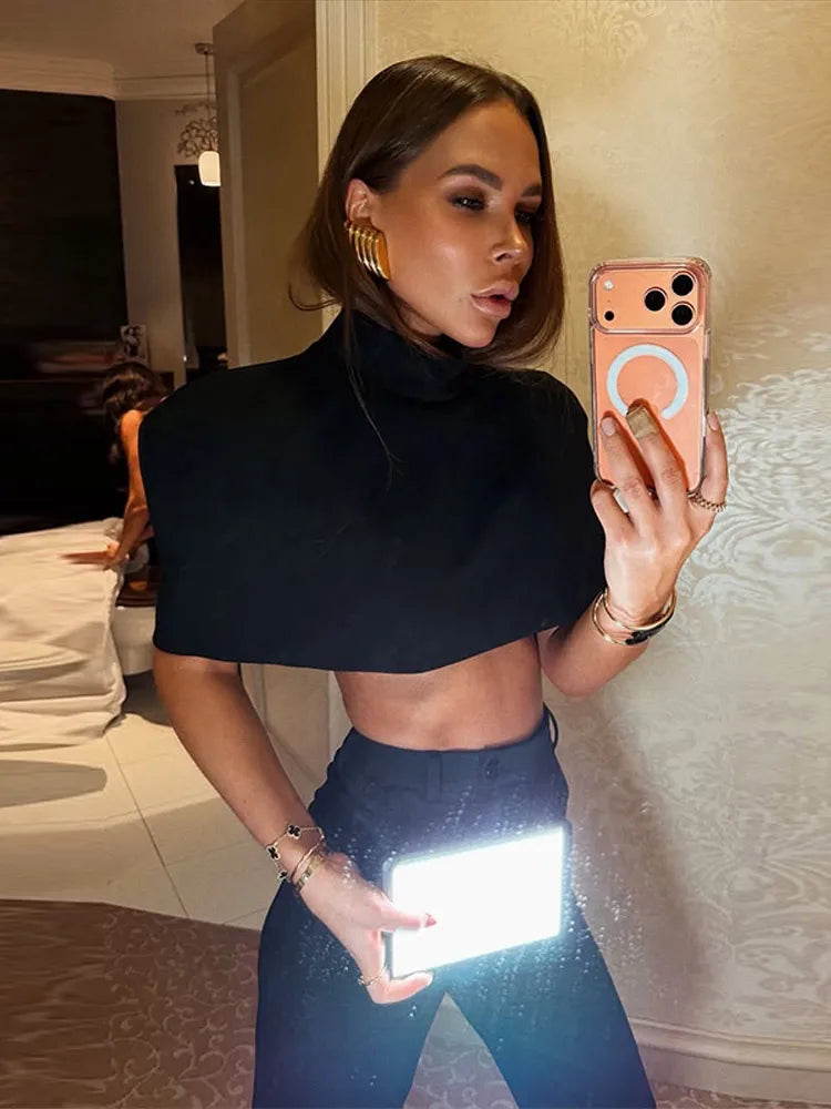 Elegant High-Neck Shawl-Shoulder Crop Top