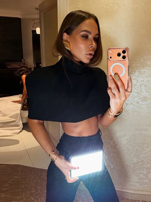 Elegant High-Neck Shawl-Shoulder Crop Top