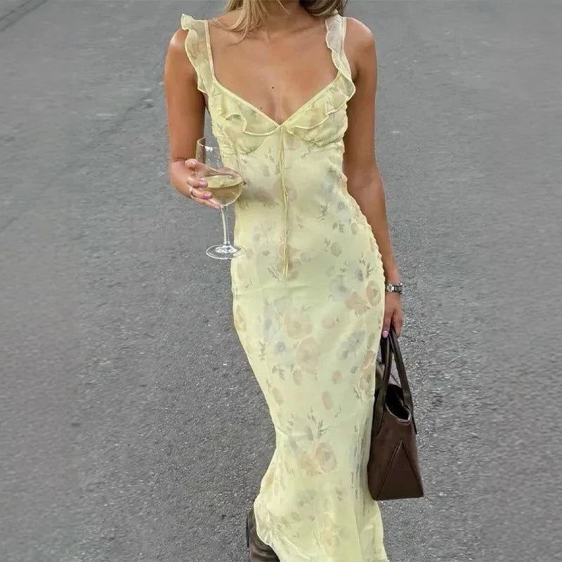 Summer Floral Low-Cut Backless Dress